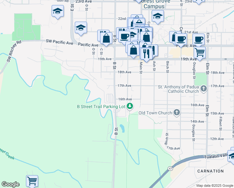 map of restaurants, bars, coffee shops, grocery stores, and more near 1610 B Street in Forest Grove
