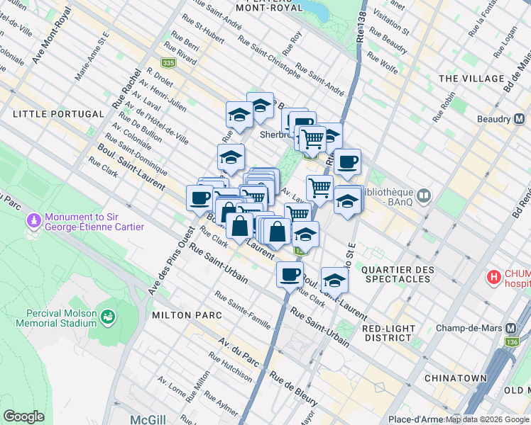 map of restaurants, bars, coffee shops, grocery stores, and more near 3560 Rue De Bullion in Montréal
