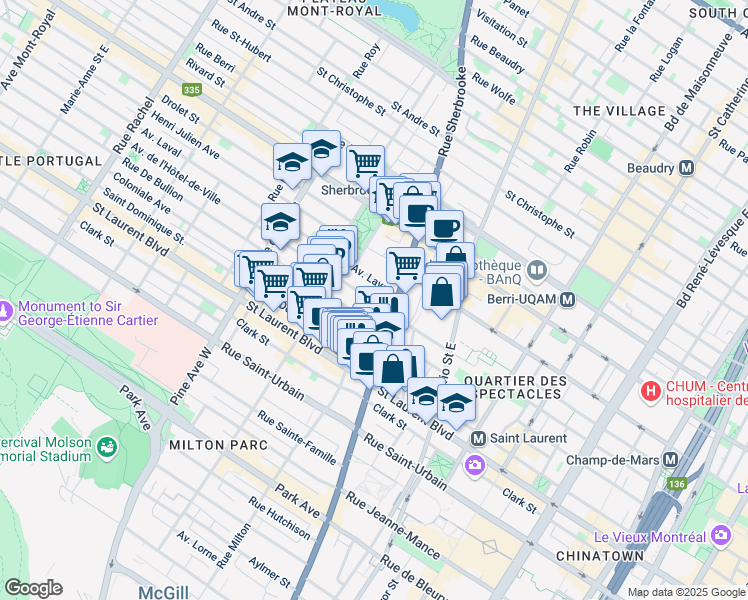 map of restaurants, bars, coffee shops, grocery stores, and more near 3431 Avenue de l'Hôtel de Ville in Montréal
