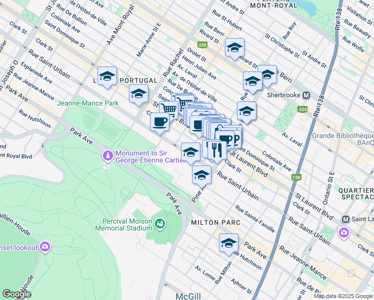 map of restaurants, bars, coffee shops, grocery stores, and more near 3875 Rue Saint-Urbain in Montréal
