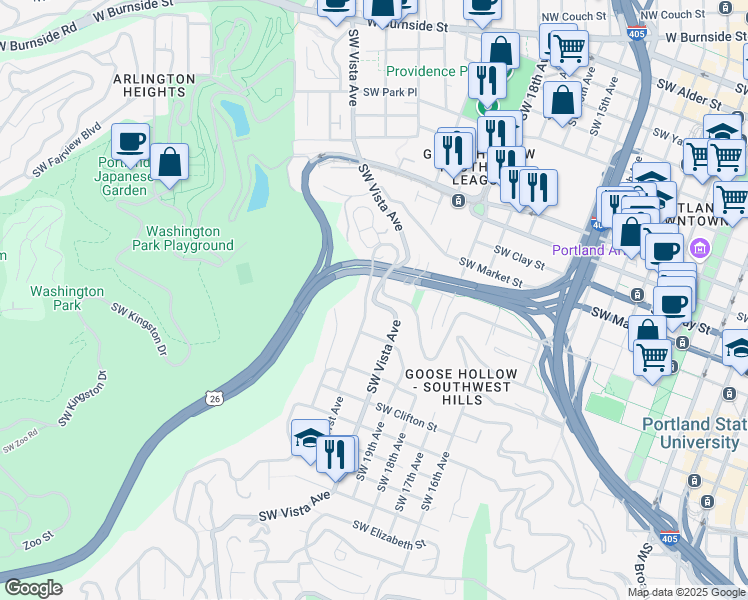 map of restaurants, bars, coffee shops, grocery stores, and more near Southwest Vista Avenue in Portland