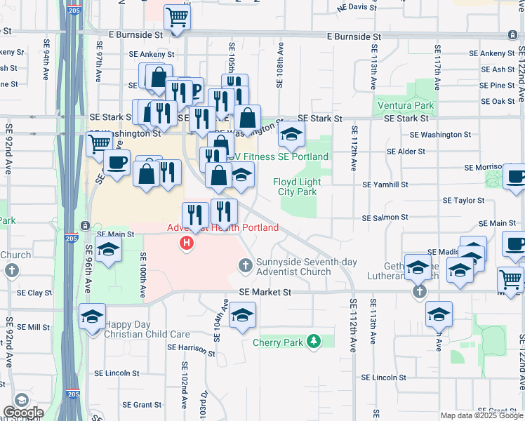 map of restaurants, bars, coffee shops, grocery stores, and more near 10721 Southeast Cherry Blossom Drive in Portland