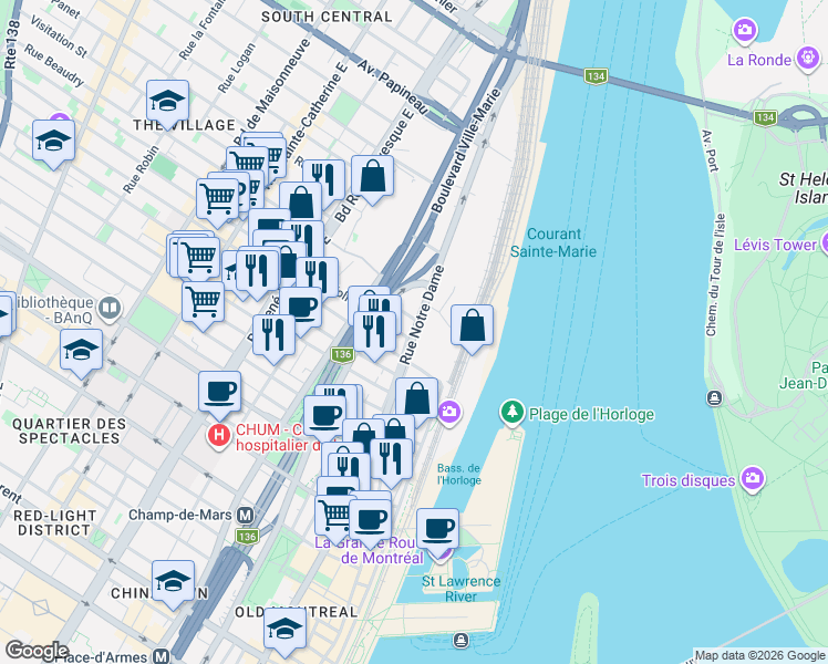 map of restaurants, bars, coffee shops, grocery stores, and more near 1142 Rue Notre-Dame Est in Montréal