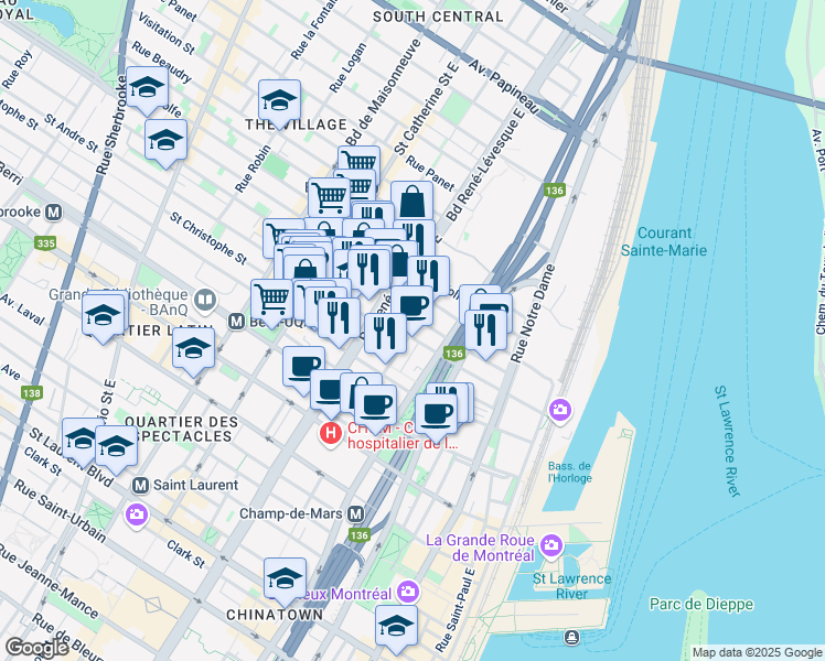 map of restaurants, bars, coffee shops, grocery stores, and more near 925 Rue de la Gauchetière Est in Montréal