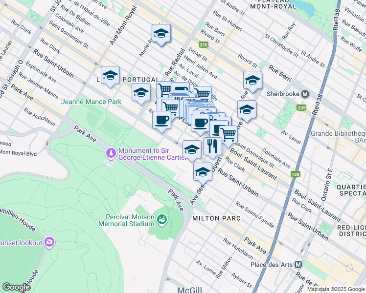 map of restaurants, bars, coffee shops, grocery stores, and more near 3897 Saint Urbain Street in Montreal