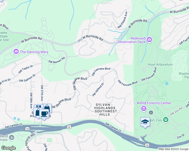 map of restaurants, bars, coffee shops, grocery stores, and more near 4816 Southwest Fairview Boulevard in Portland