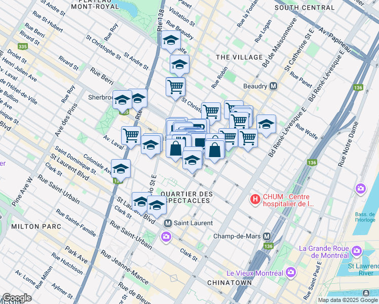 map of restaurants, bars, coffee shops, grocery stores, and more near in Montreal