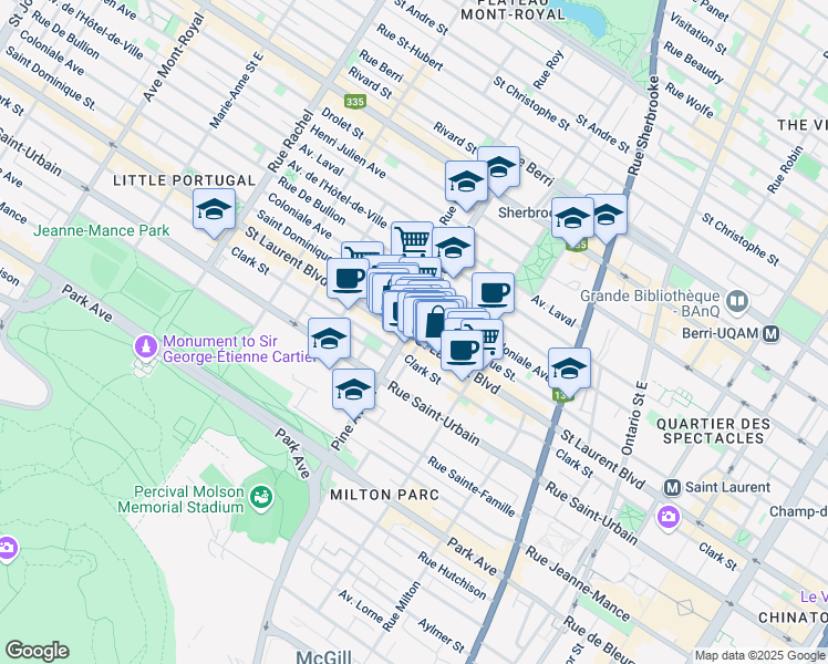 map of restaurants, bars, coffee shops, grocery stores, and more near in Montreal