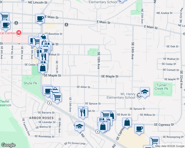 map of restaurants, bars, coffee shops, grocery stores, and more near 1680 Southeast Maple Court in Hillsboro
