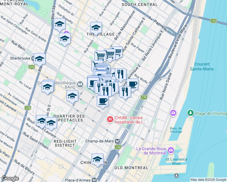 map of restaurants, bars, coffee shops, grocery stores, and more near 1212 Rue Saint-Christophe in Montréal