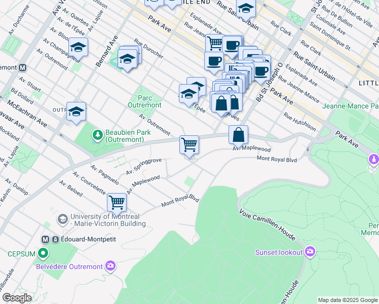 map of restaurants, bars, coffee shops, grocery stores, and more near 7 Avenue McCulloch in Montréal