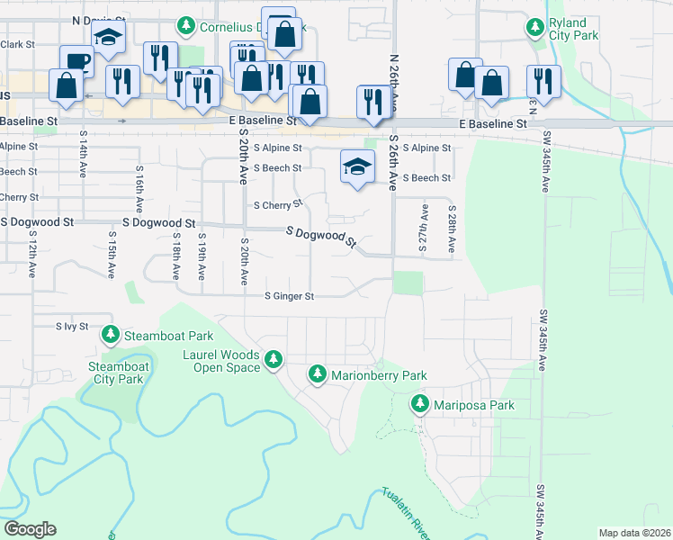 map of restaurants, bars, coffee shops, grocery stores, and more near 638 South 25th Court in Cornelius
