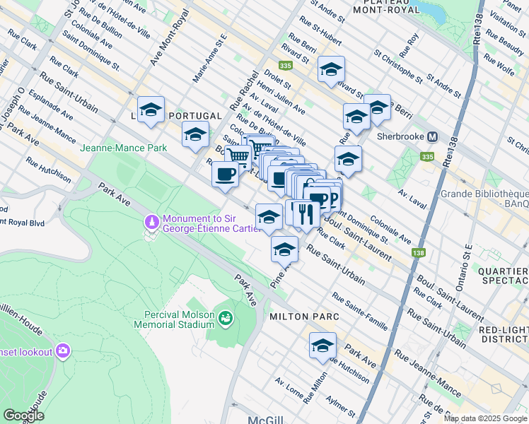 map of restaurants, bars, coffee shops, grocery stores, and more near in Montreal