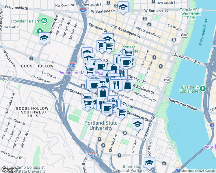 map of restaurants, bars, coffee shops, grocery stores, and more near 1300 Southwest Park Avenue in Portland