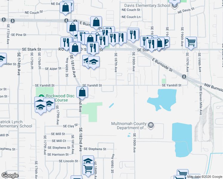 map of restaurants, bars, coffee shops, grocery stores, and more near 18530 Southeast Yamhill Circle in Portland