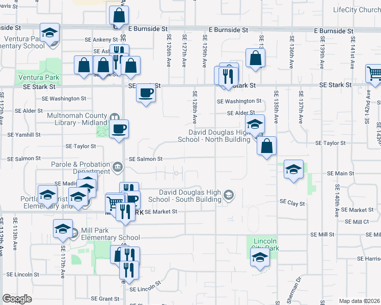 map of restaurants, bars, coffee shops, grocery stores, and more near 12724 Southeast Salmon Street in Portland