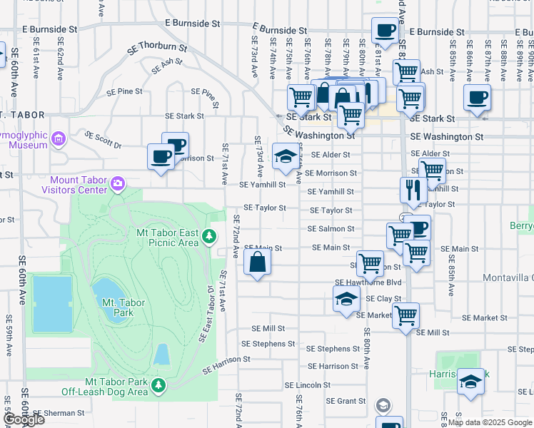 map of restaurants, bars, coffee shops, grocery stores, and more near 1204 Southeast 73rd Avenue in Portland