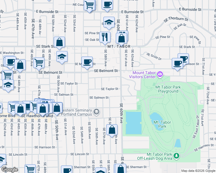 map of restaurants, bars, coffee shops, grocery stores, and more near 5810 Southeast Taylor Street in Portland