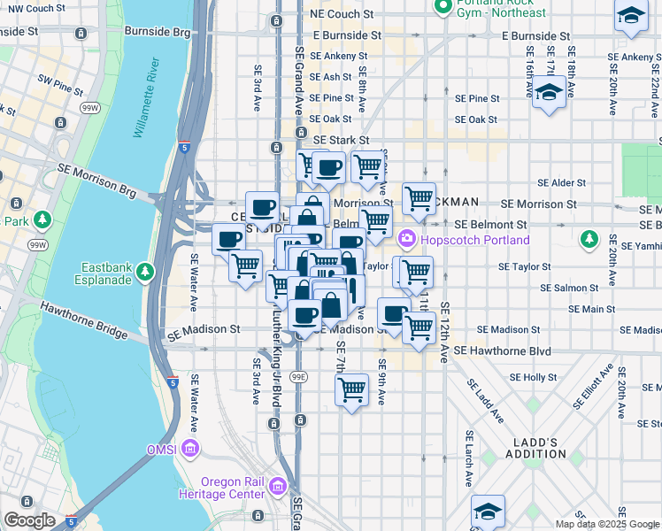 map of restaurants, bars, coffee shops, grocery stores, and more near 625 Southeast Salmon Street in Portland