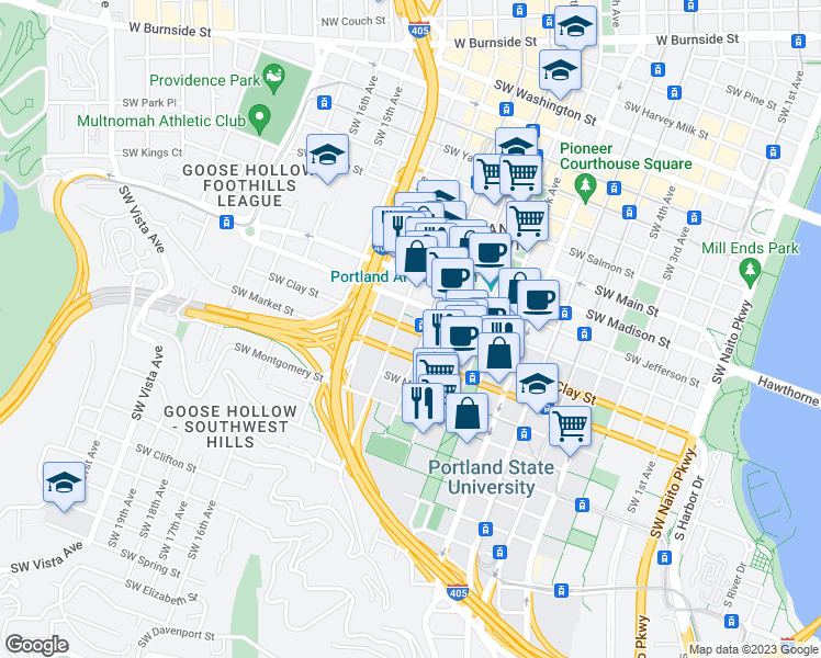 map of restaurants, bars, coffee shops, grocery stores, and more near 1525 Southwest 11th Avenue in Portland