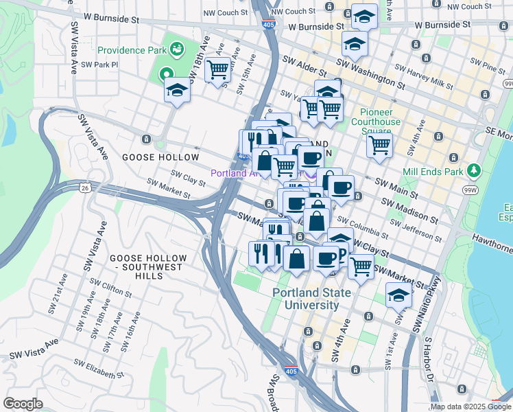 map of restaurants, bars, coffee shops, grocery stores, and more near in Portland