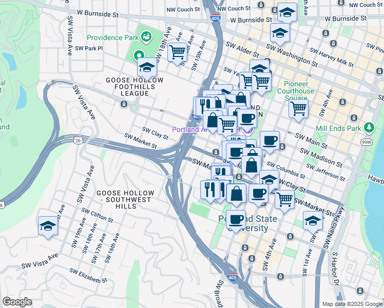 map of restaurants, bars, coffee shops, grocery stores, and more near 1609 Southwest 12th Avenue in Portland