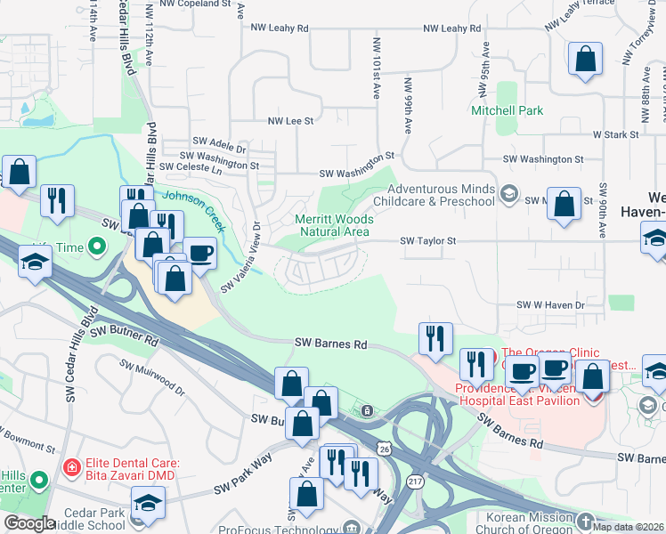 map of restaurants, bars, coffee shops, grocery stores, and more near 10254 Southwest Windwood Way in Portland