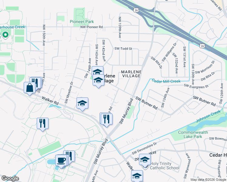 map of restaurants, bars, coffee shops, grocery stores, and more near 13980 Southwest Butner Road in Beaverton