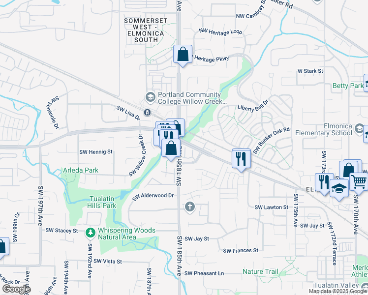 map of restaurants, bars, coffee shops, grocery stores, and more near 18485 Southwest Stepping Stone Drive in Beaverton