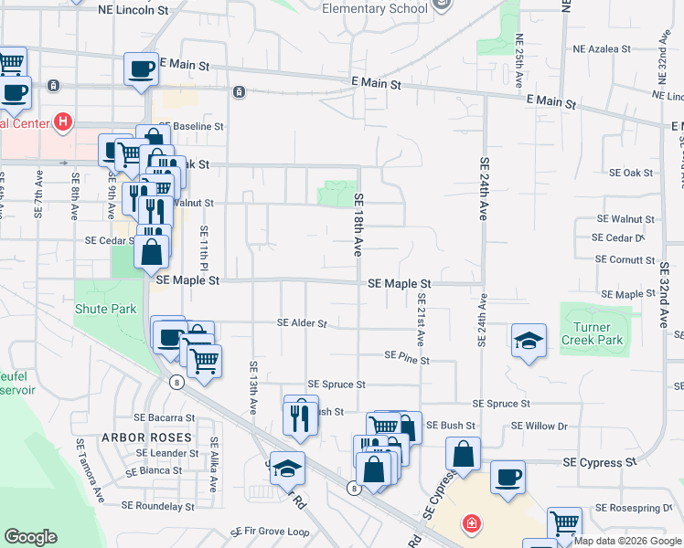 map of restaurants, bars, coffee shops, grocery stores, and more near 1685 Southeast Sussex Court in Hillsboro