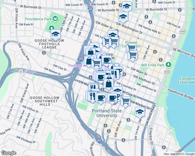 map of restaurants, bars, coffee shops, grocery stores, and more near 1417 Southwest 10th Avenue in Portland
