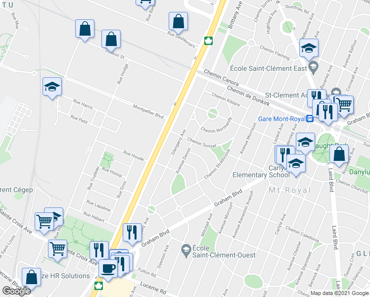 map of restaurants, bars, coffee shops, grocery stores, and more near 235 Avenue Devon in Mont-Royal
