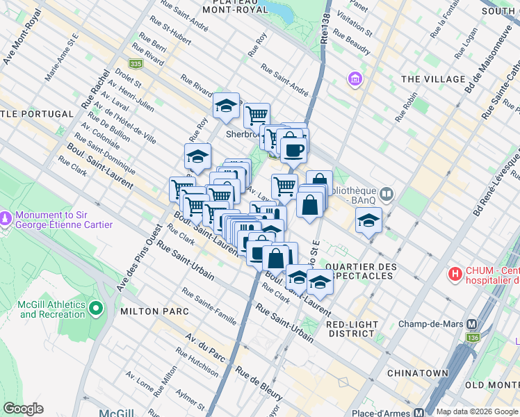 map of restaurants, bars, coffee shops, grocery stores, and more near 3439A Avenue de l'Hôtel-de-Ville in Montréal