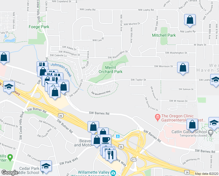map of restaurants, bars, coffee shops, grocery stores, and more near 10270 Southwest Windwood Way in Portland