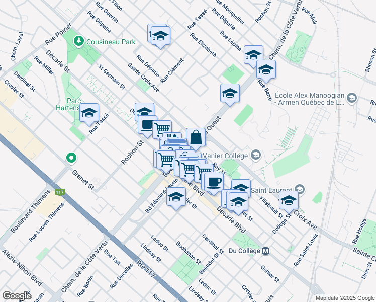 map of restaurants, bars, coffee shops, grocery stores, and more near 995 Saint Germain Street in Montreal