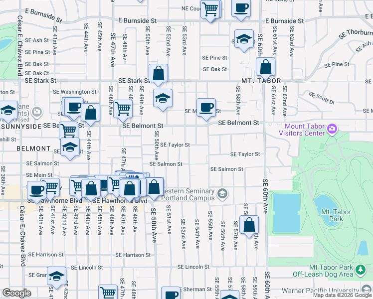 map of restaurants, bars, coffee shops, grocery stores, and more near 1117 Southeast 53rd Avenue in Portland