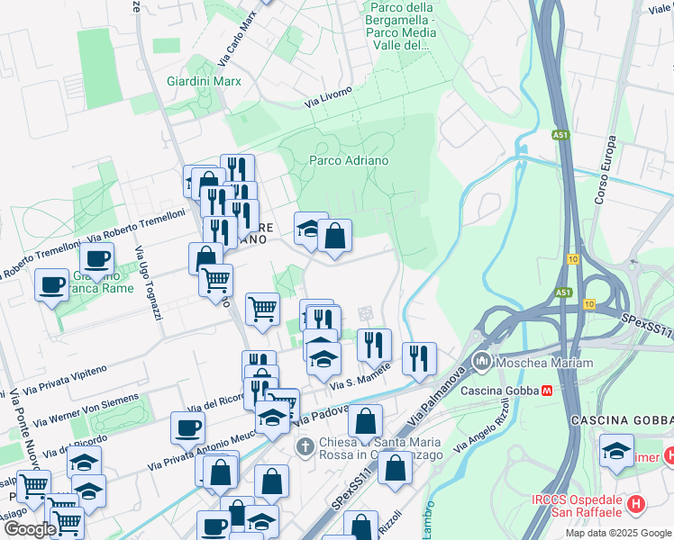 map of restaurants, bars, coffee shops, grocery stores, and more near 22 Via Privata Trasimeno in Milano