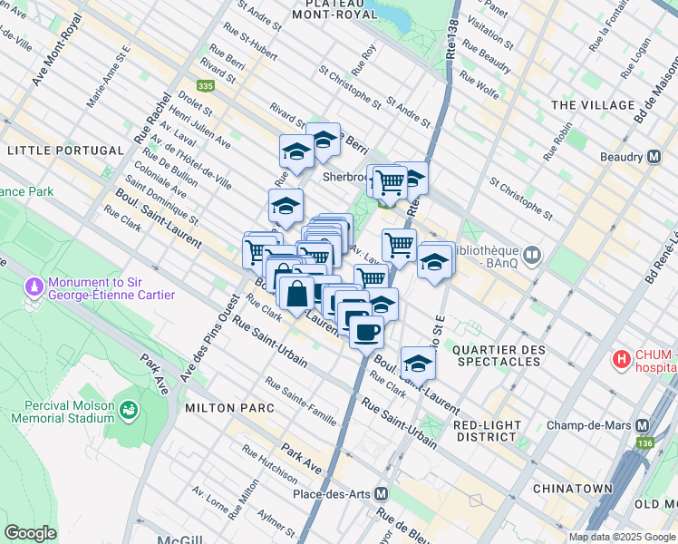map of restaurants, bars, coffee shops, grocery stores, and more near 3553 Rue De Bullion in Montrã©Al