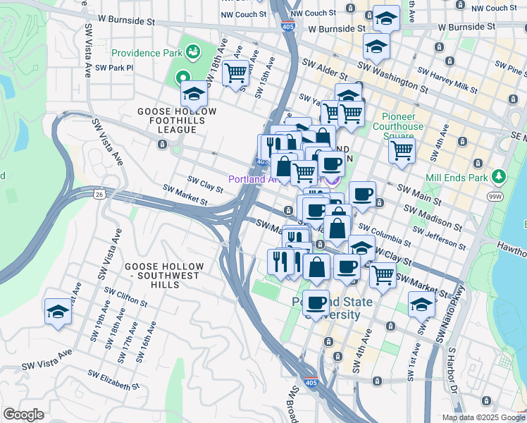 map of restaurants, bars, coffee shops, grocery stores, and more near 1212 Southwest Clay Street in Portland
