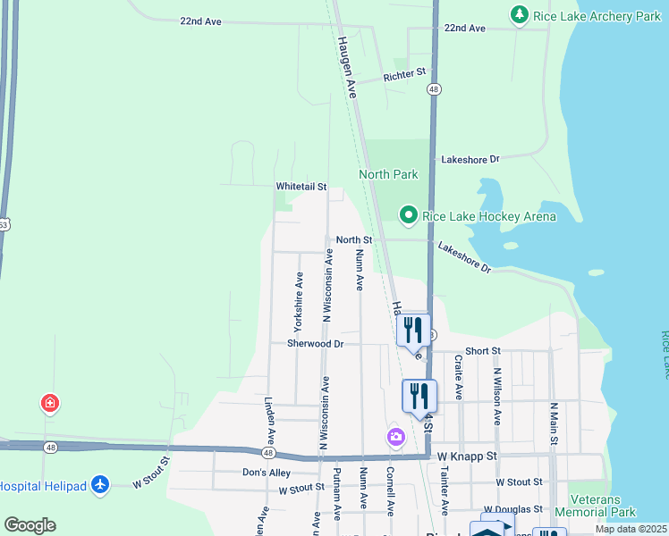 map of restaurants, bars, coffee shops, grocery stores, and more near 1029 North Wisconsin Avenue in Rice Lake