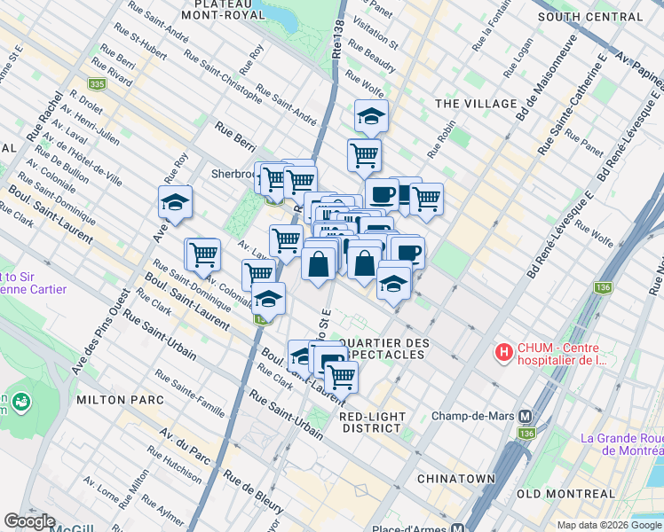 map of restaurants, bars, coffee shops, grocery stores, and more near 329 Rue Ontario Est in Montréal