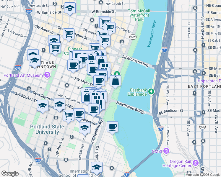 map of restaurants, bars, coffee shops, grocery stores, and more near 14 Southwest Salmon Street in Portland