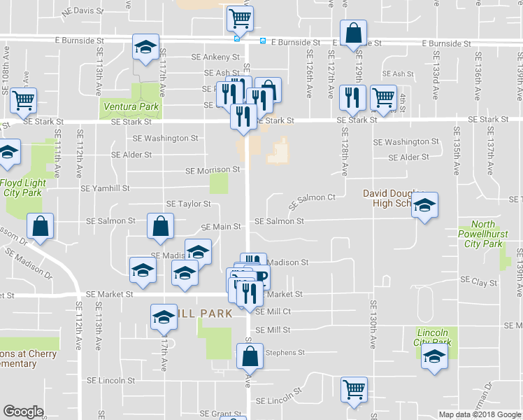 map of restaurants, bars, coffee shops, grocery stores, and more near 1107 Southeast 123rd Avenue in Portland
