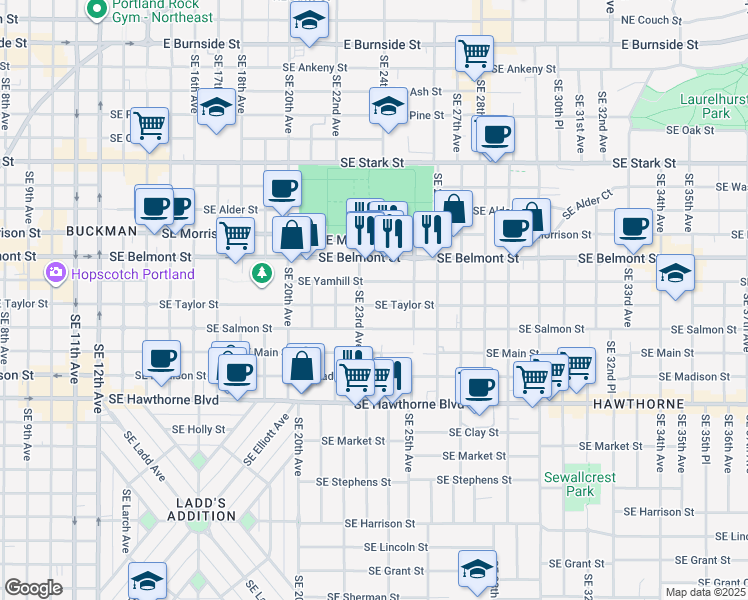 map of restaurants, bars, coffee shops, grocery stores, and more near 2325 Southeast Taylor Street in Portland
