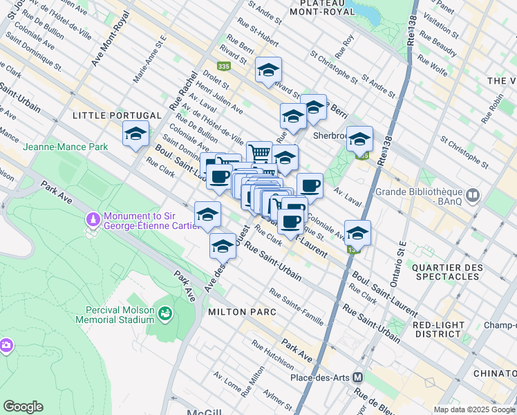 map of restaurants, bars, coffee shops, grocery stores, and more near 10 Pine Avenue in Montreal