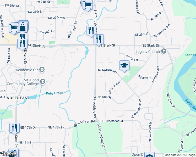 map of restaurants, bars, coffee shops, grocery stores, and more near 3727 Southeast Dora Court in Troutdale