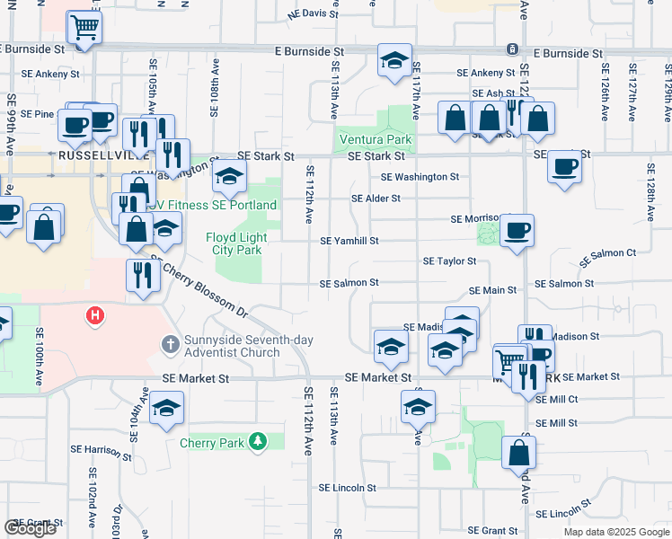 map of restaurants, bars, coffee shops, grocery stores, and more near 1208 Southeast 113th Avenue in Portland