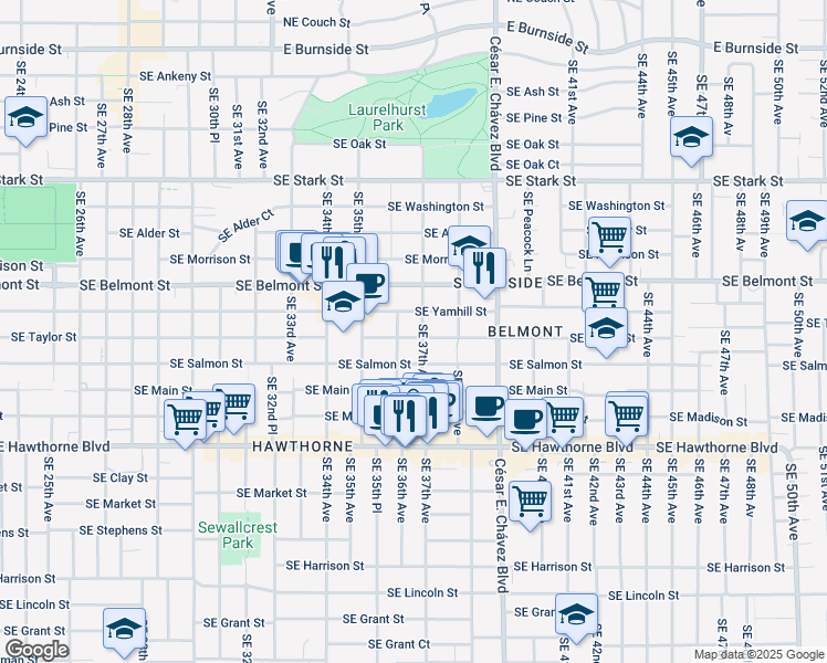 map of restaurants, bars, coffee shops, grocery stores, and more near 1130 Southeast 36th Avenue in Portland