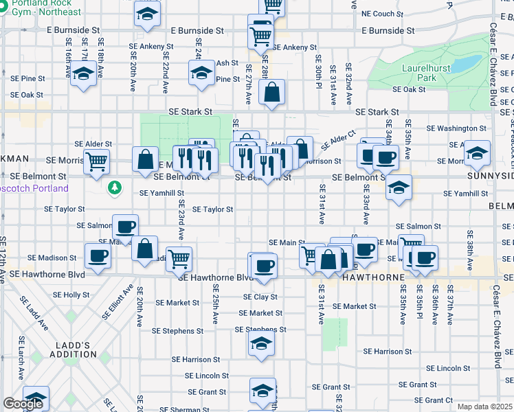 map of restaurants, bars, coffee shops, grocery stores, and more near 1137 Southeast 27th Avenue in Portland