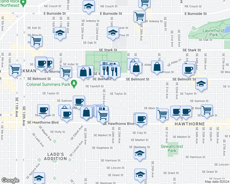 map of restaurants, bars, coffee shops, grocery stores, and more near 2345 Southeast Salmon Street in Portland